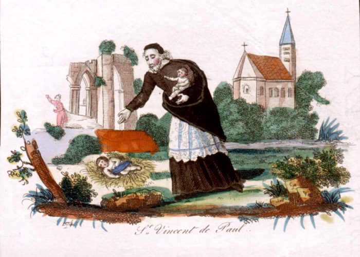 SV recueille des enfants.
Gravure colorie  la main.