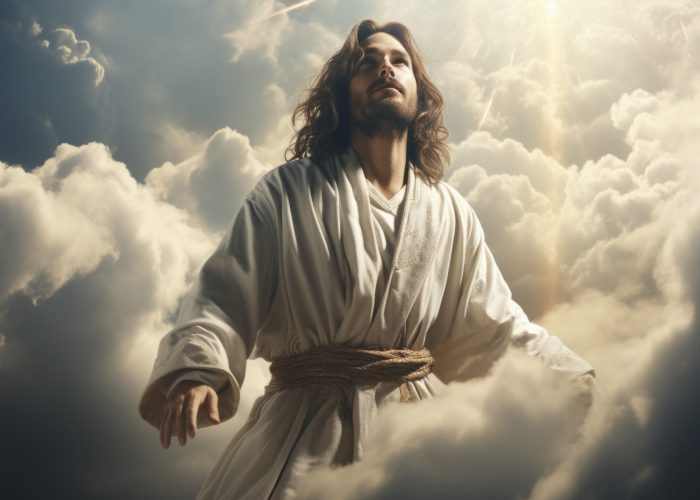 jesus is a man in the clouds, the ascension jesus, in the style of forced perspective, uhd image --ar 16:9 --style raw --stylize 500 --v 5.2 Job ID: a7878e35-8c69-4fae-a9fa-cd64ff037e83